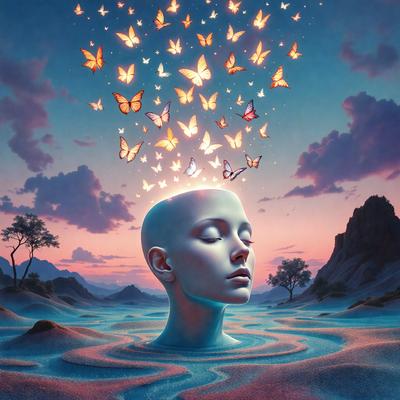 The primary subject of the image is a woman's head, which is the main focus of the scene. The setting is a beach, with the woman's head surrounded by a beautiful blue ocean. The visual style of the image is digital art, as it is a detailed and intricate illustration. The colors and mood of the image are serene and calming, with the blue ocean and the woman's peaceful expression creating a tranquil atmosphere.
